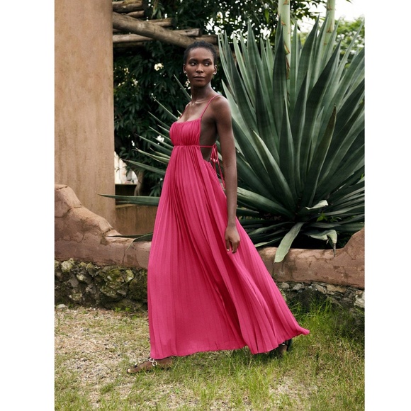 Pink Pleated Maxi Babydoll Dress Open Back Flowy Skirt Tie Straps - Picture 2 of 10